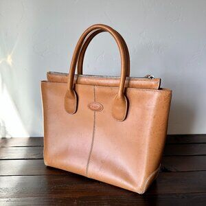 Tod’s Tan Leather Tote Bag | Italian Designer Zip Top Satchel